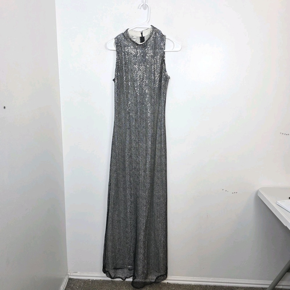VTG Chrome Sequin Sparkle Black Mesh High Neck Glam Event Maxi Dress Sz 10